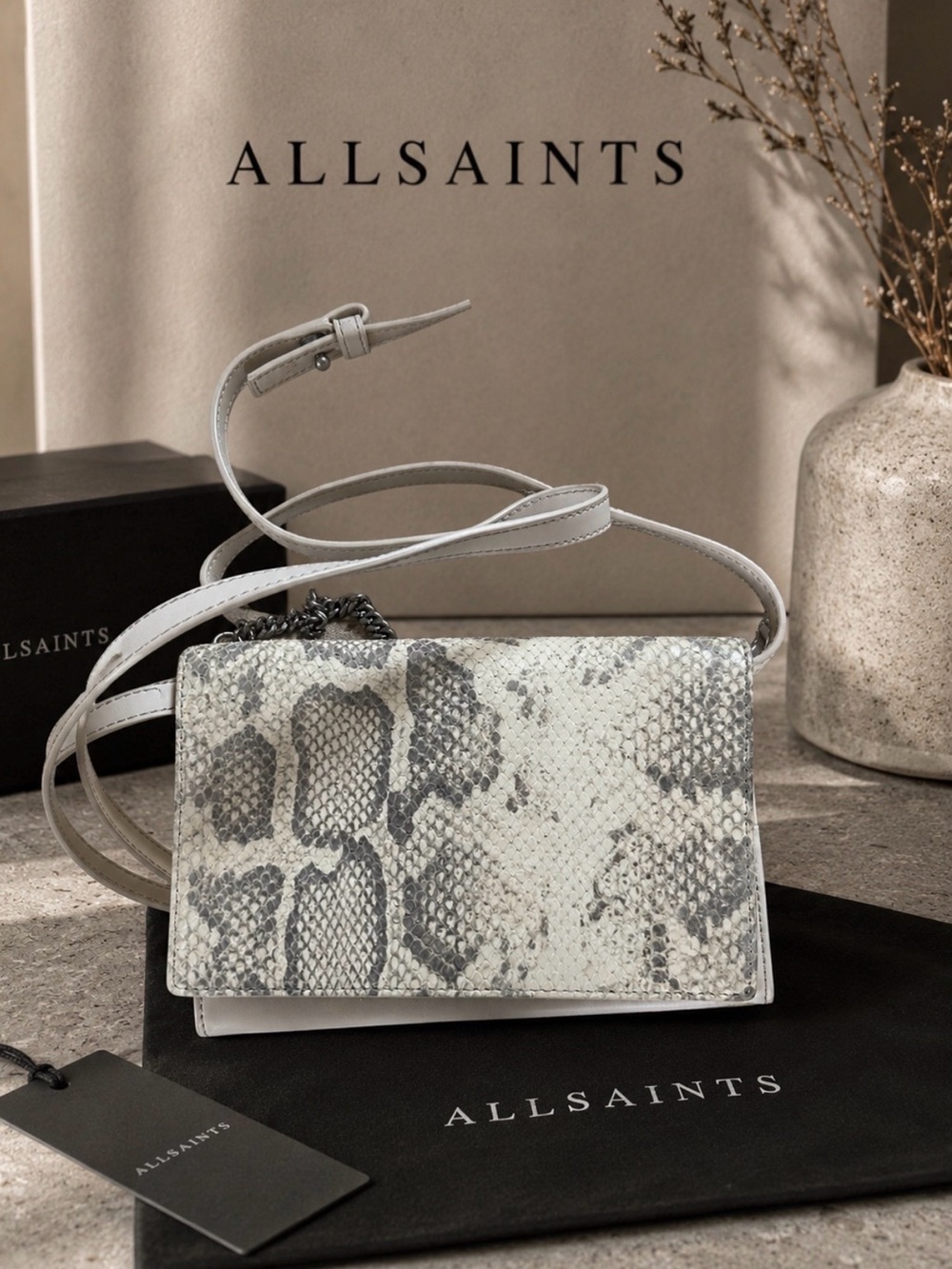 All Saints White Snake-Print Crossbody Bag